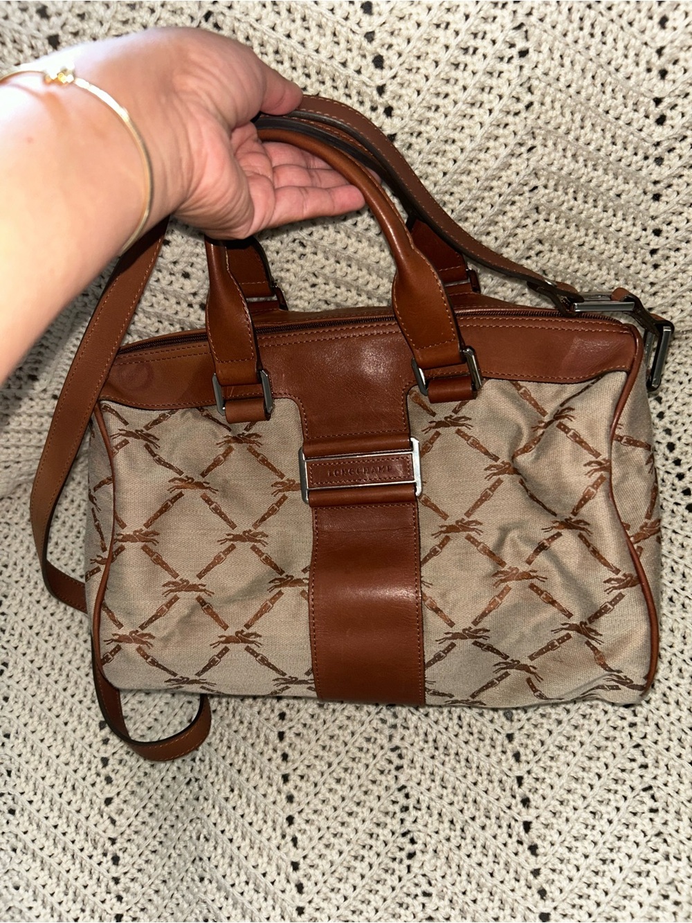 Longchamp Beige & Brown Monogram Top-Handle Satchel - Picture 8 of 11